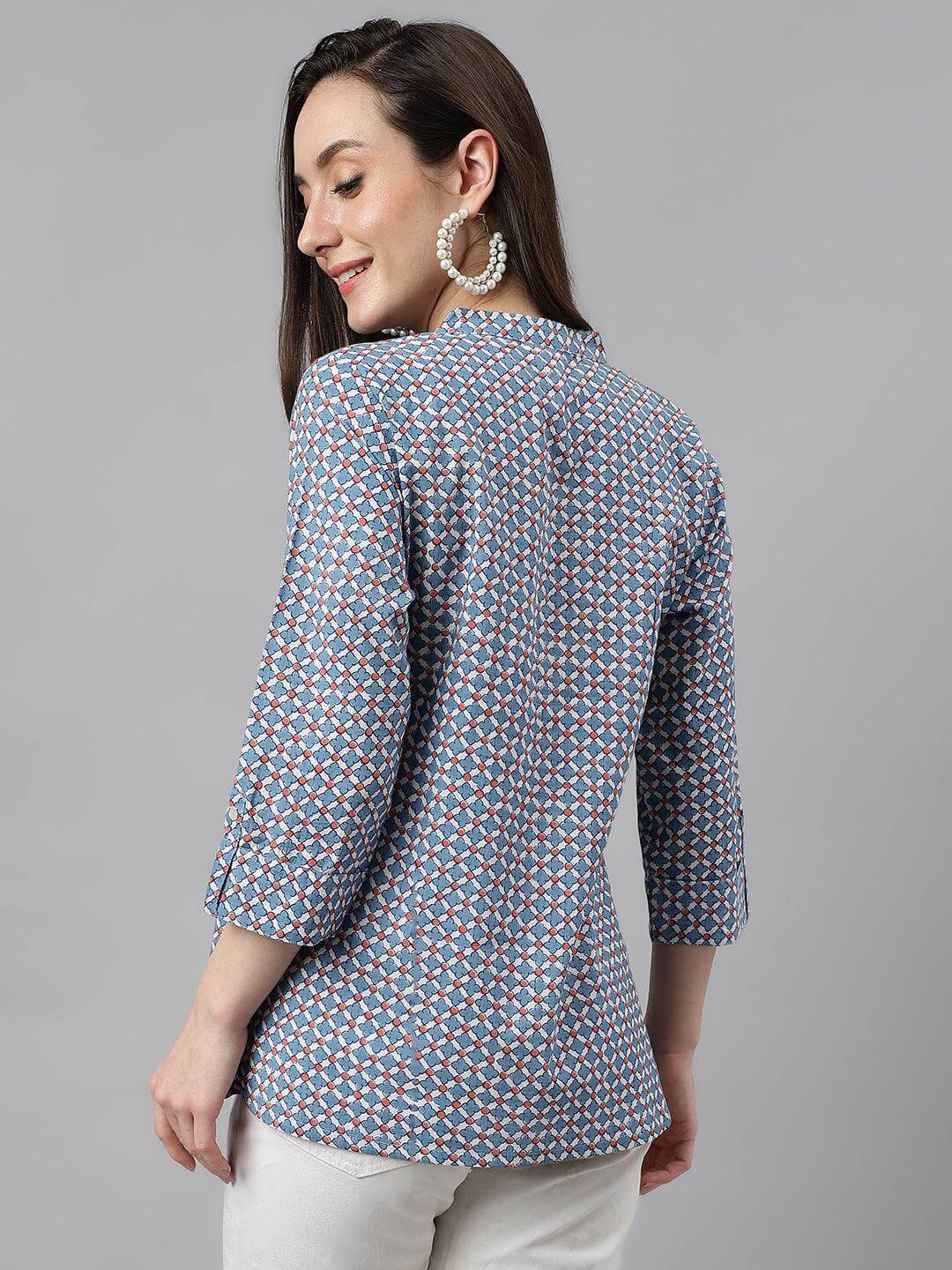 Blue Cotton Printed Regular Top Silae