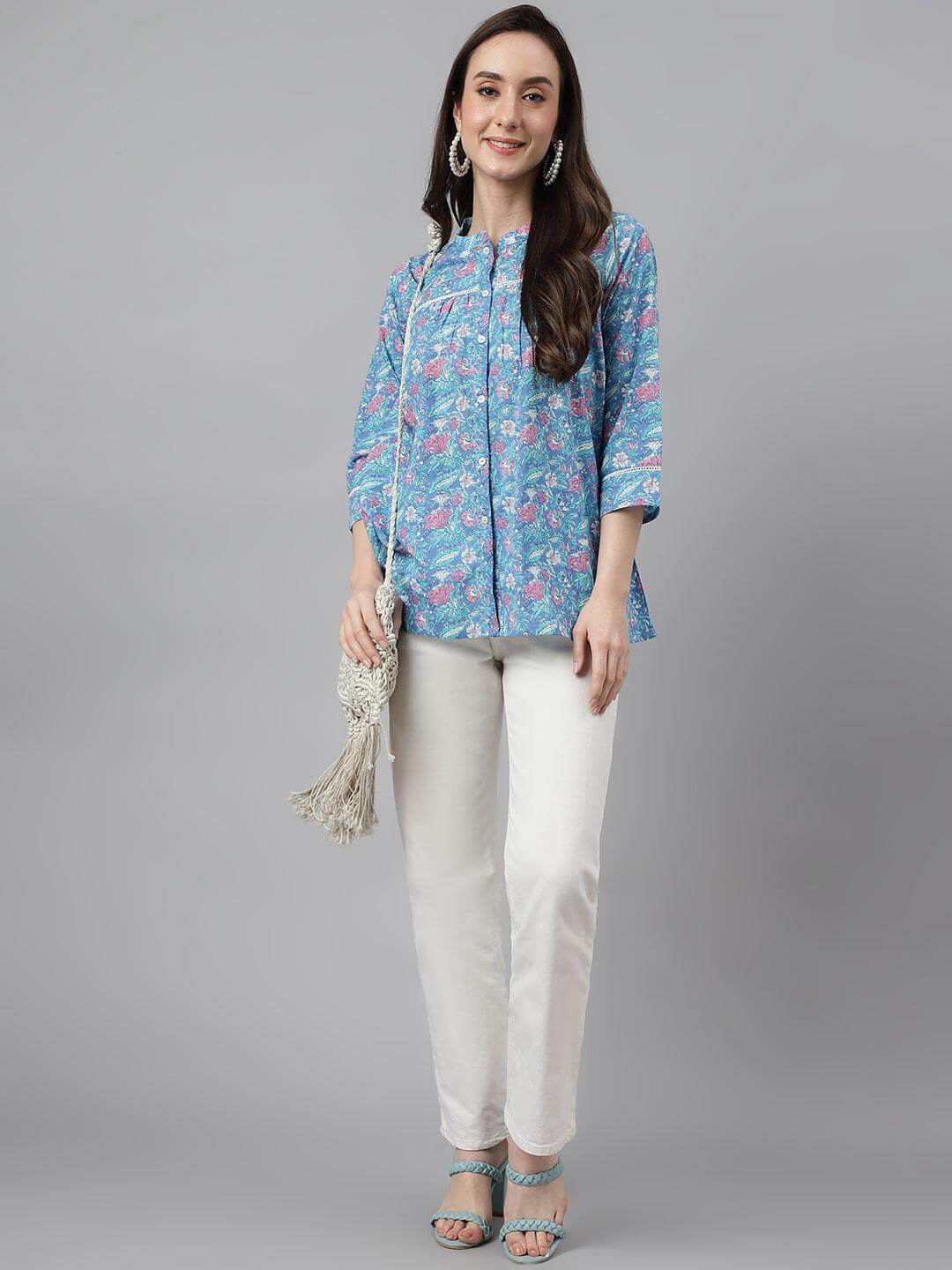 Women's Blue Cotton Botanical Print Empire Top Silae