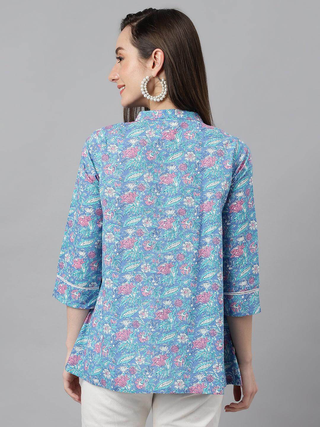 Women's Blue Cotton Botanical Print Empire Top Silae