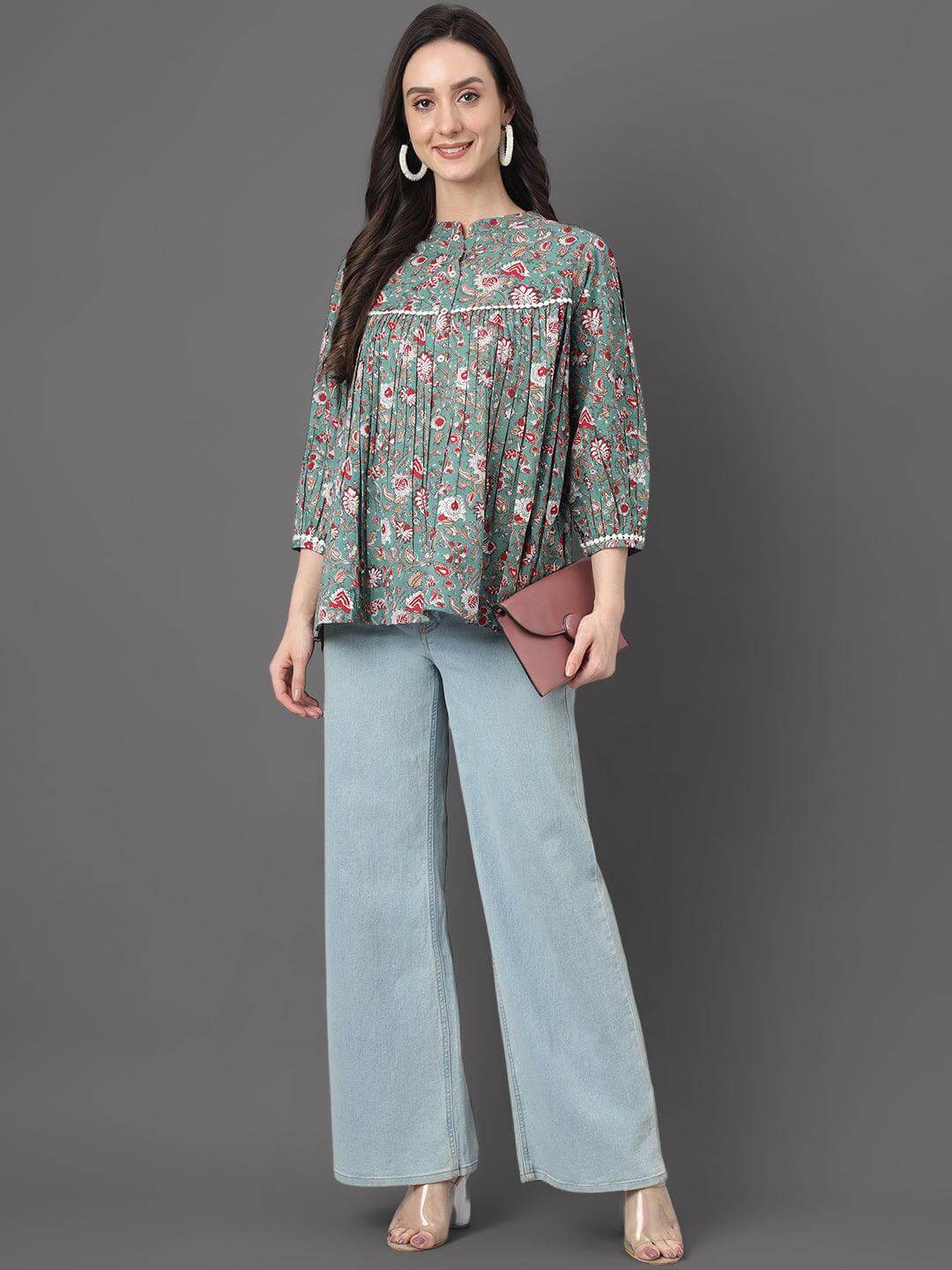 Green Cotton Botanical Print Empire Top Silae