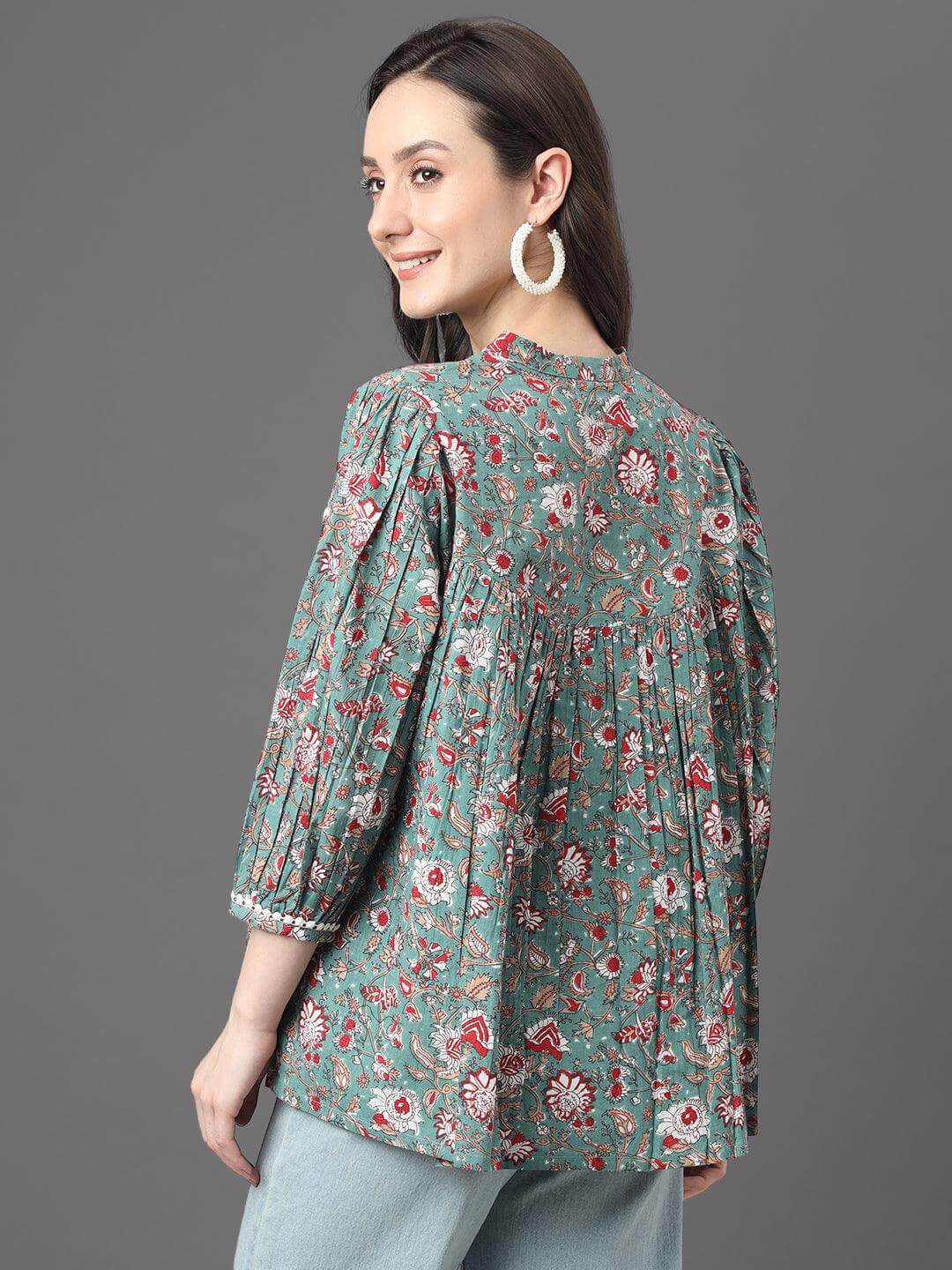 Green Cotton Botanical Print Empire Top Silae