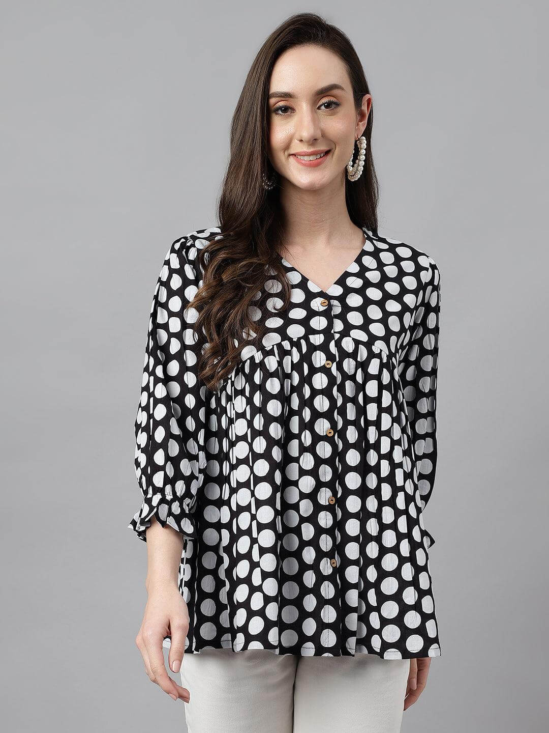 Silae Women's Black Cotton Polka Print Peplum Top Silae