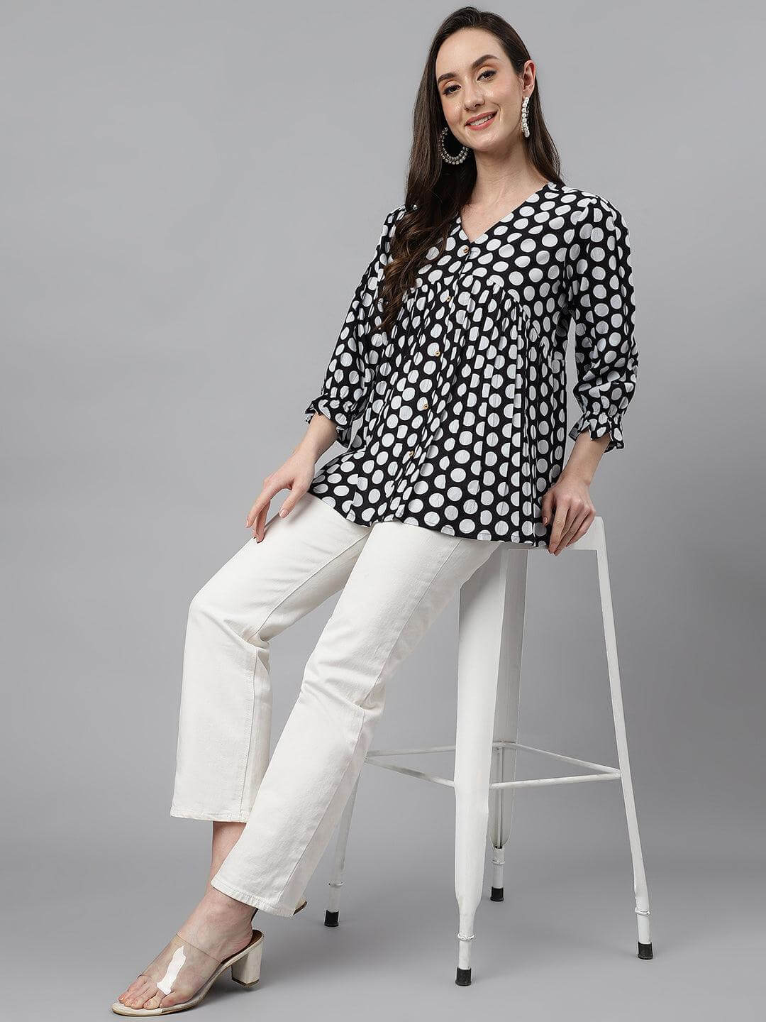 Silae Women's Black Cotton Polka Print Peplum Top Silae