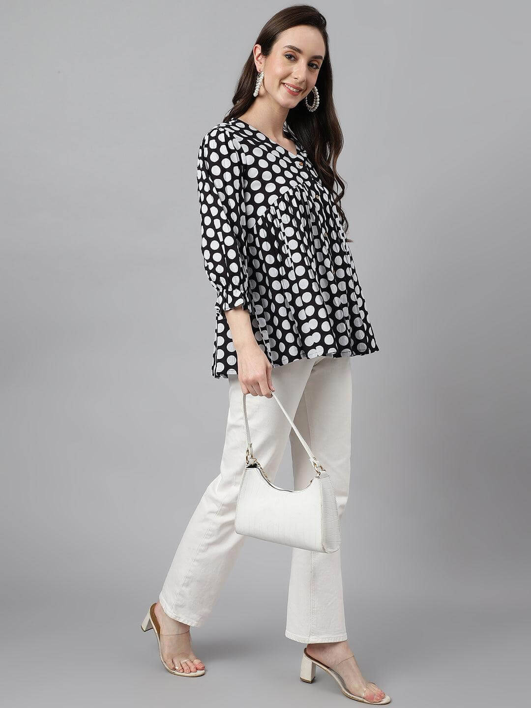 Silae Women's Black Cotton Polka Print Peplum Top Silae