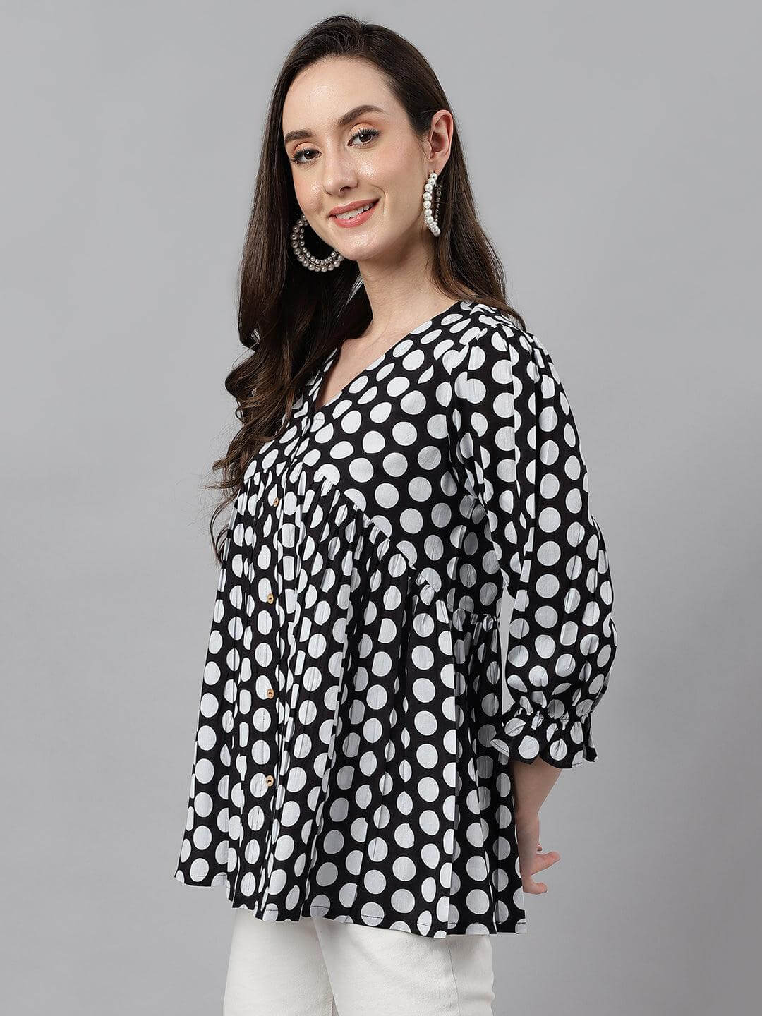 Silae Women's Black Cotton Polka Print Peplum Top Silae