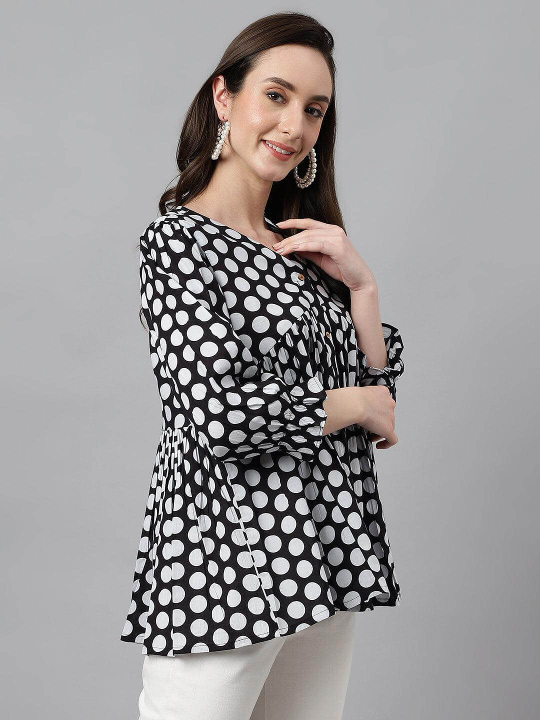Silae Women's Black Cotton Polka Print Peplum Top Silae