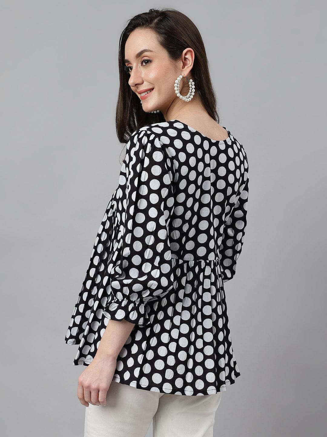 Silae Women's Black Cotton Polka Print Peplum Top Silae