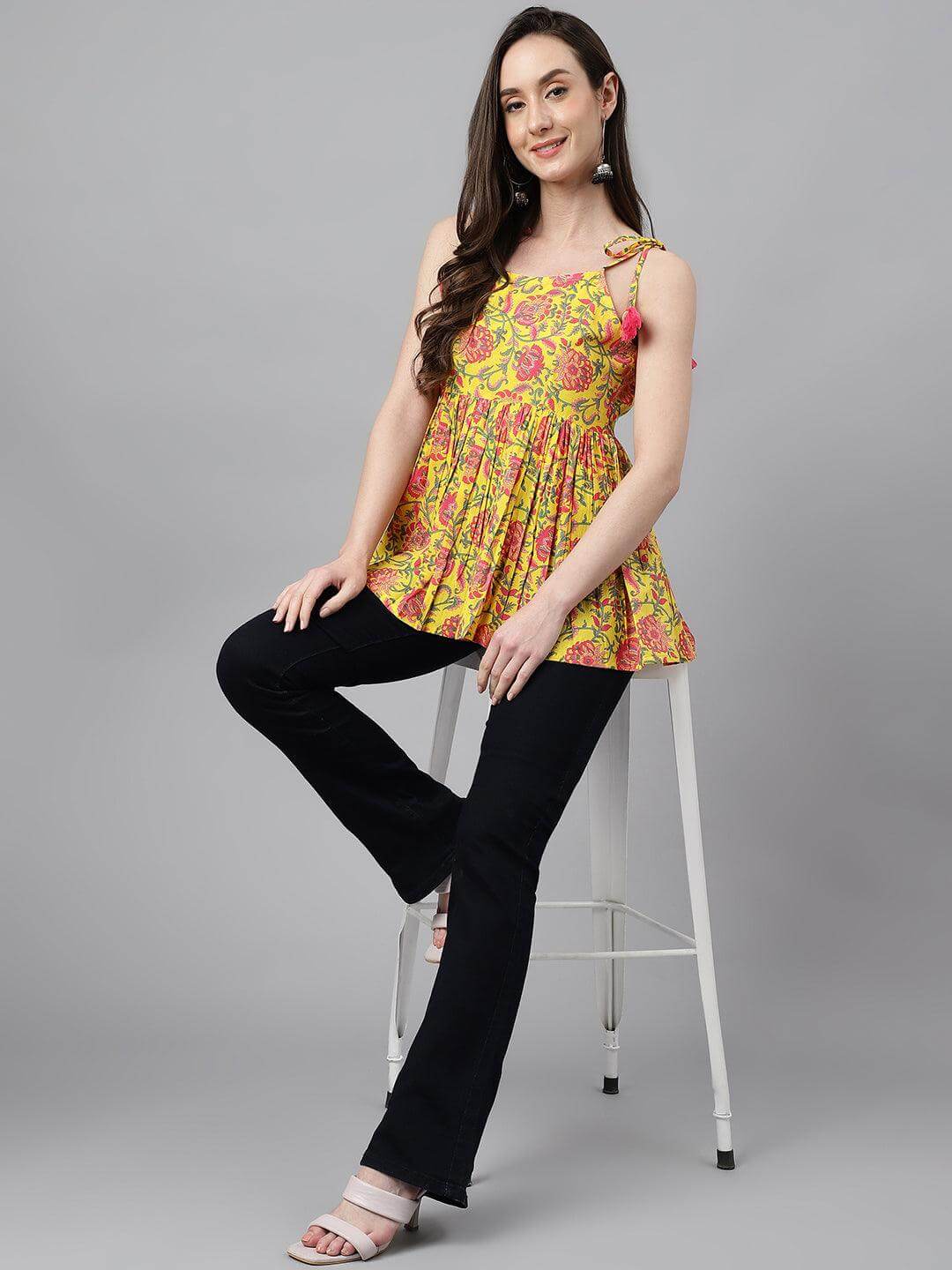 Silae Yellow Cotton Floral Print Peplum Top Silae