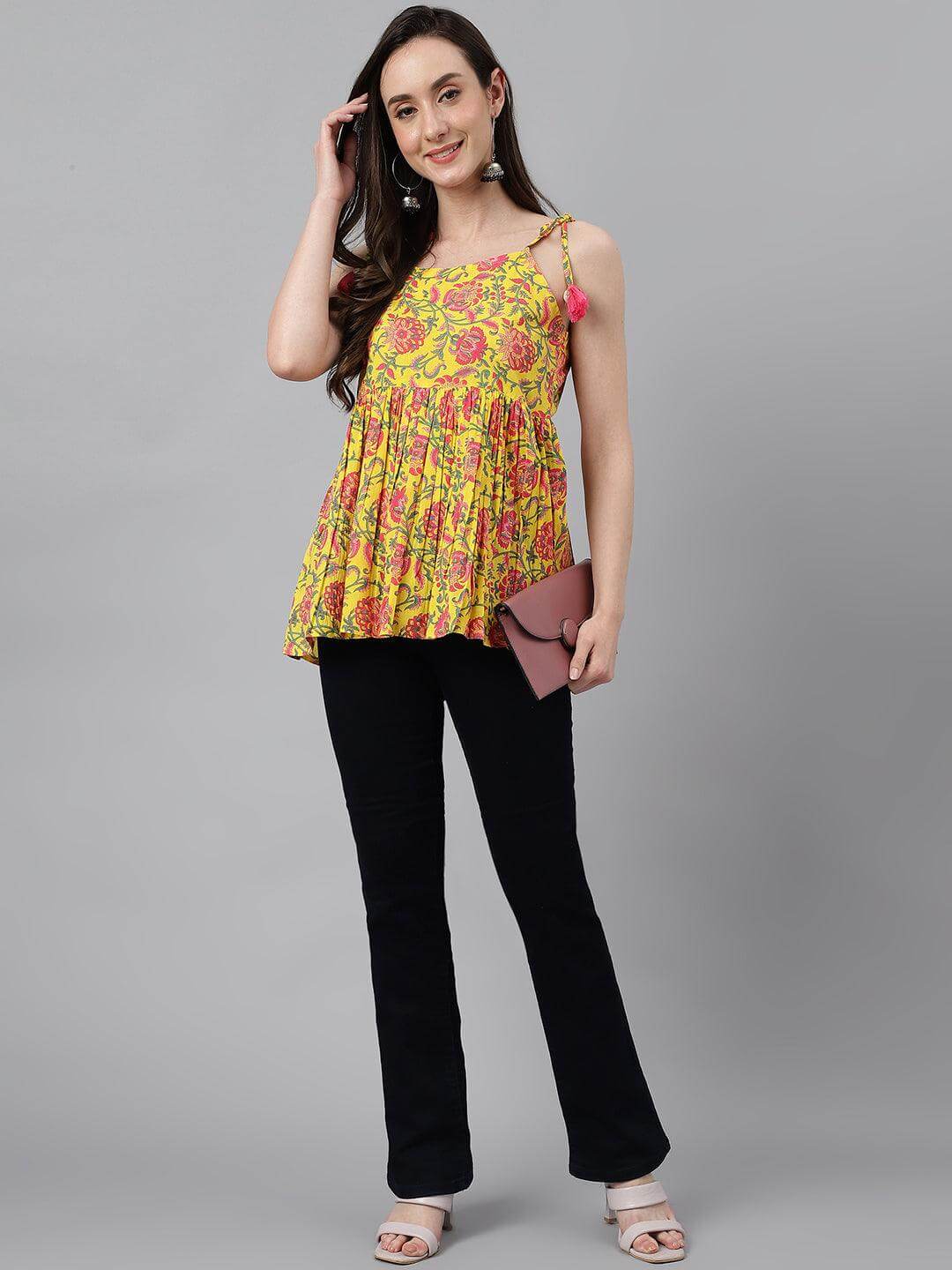 Silae Yellow Cotton Floral Print Peplum Top Silae
