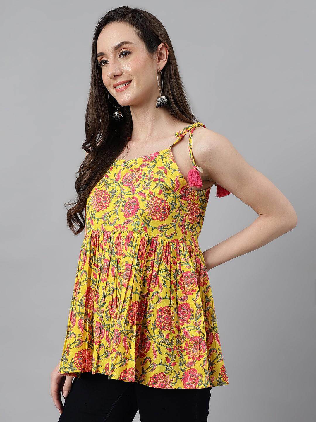 Silae Yellow Cotton Floral Print Peplum Top Silae