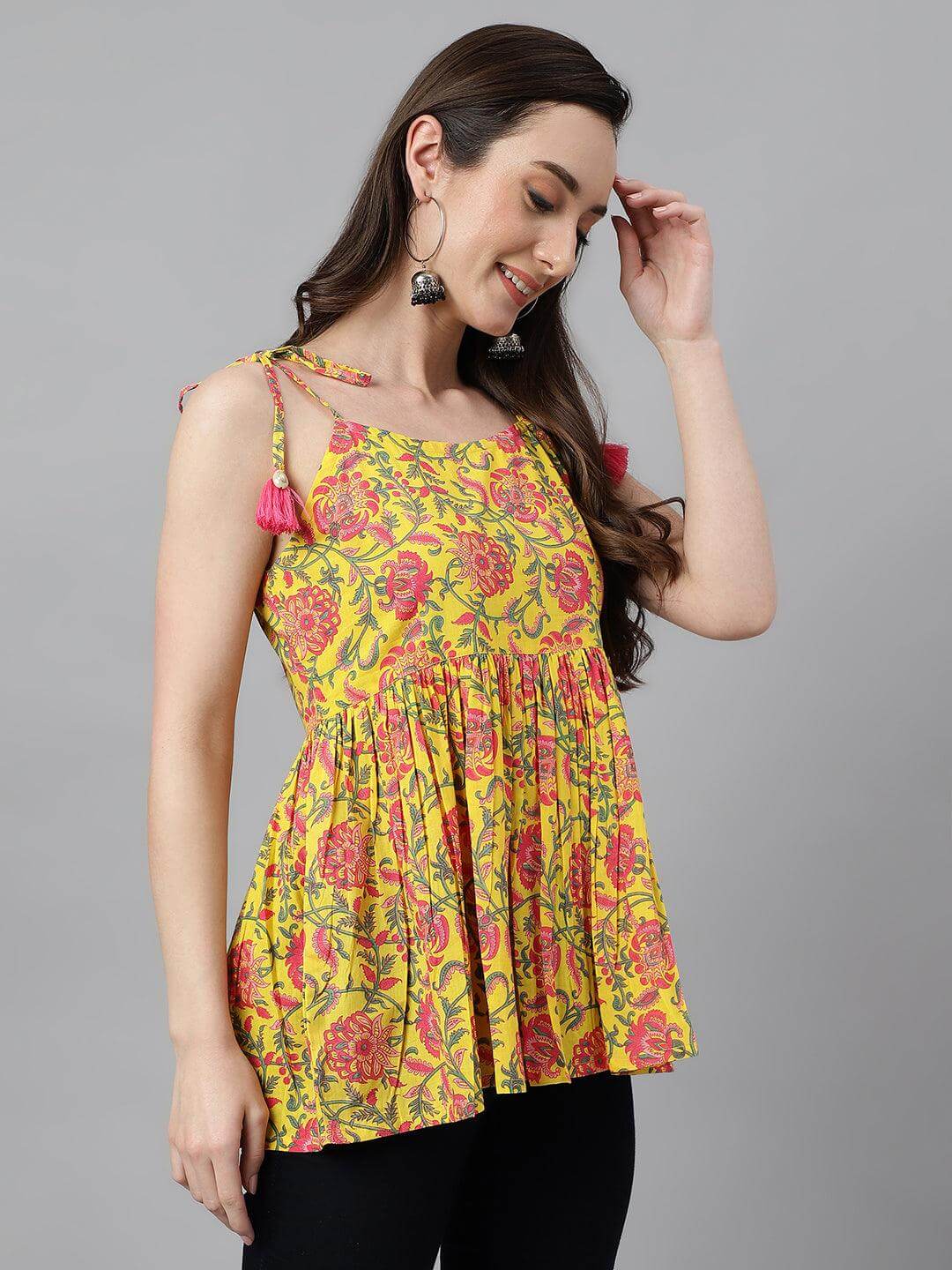 Silae Yellow Cotton Floral Print Peplum Top Silae
