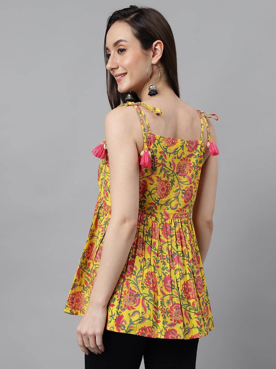 Silae Yellow Cotton Floral Print Peplum Top Silae