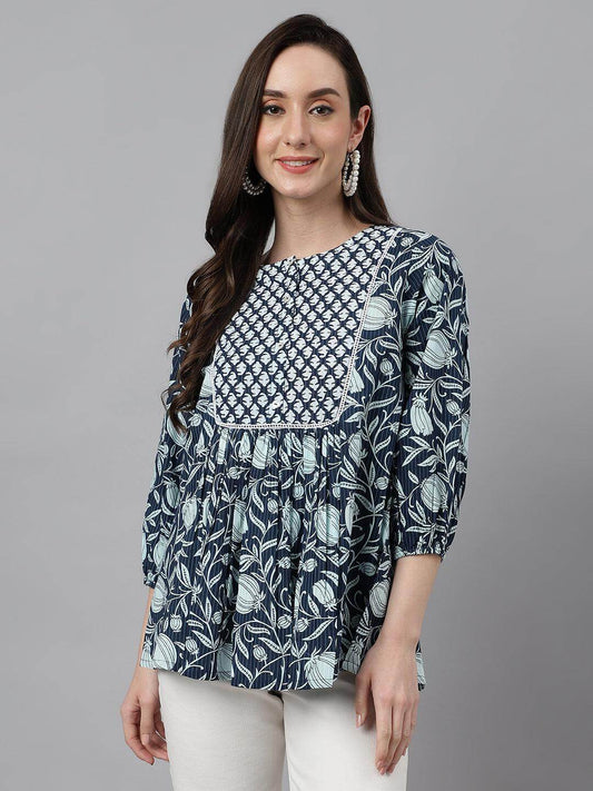 Silae Women's Navy Blue Cotton Floral Print Gathered Top Silae