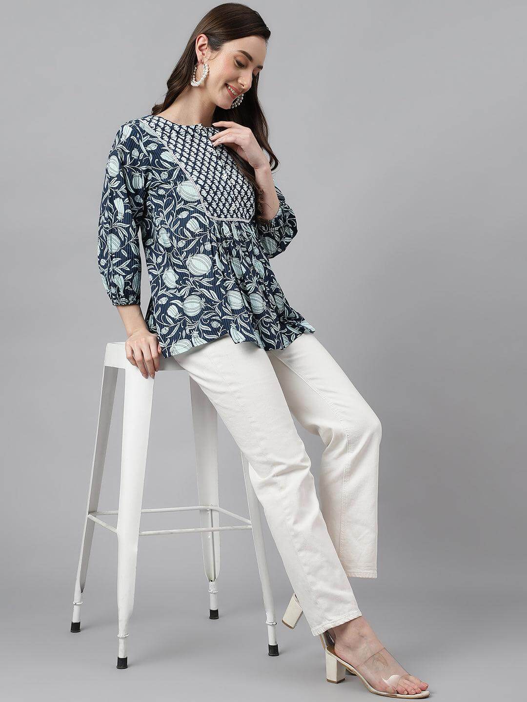 Silae Women's Navy Blue Cotton Floral Print Gathered Top Silae