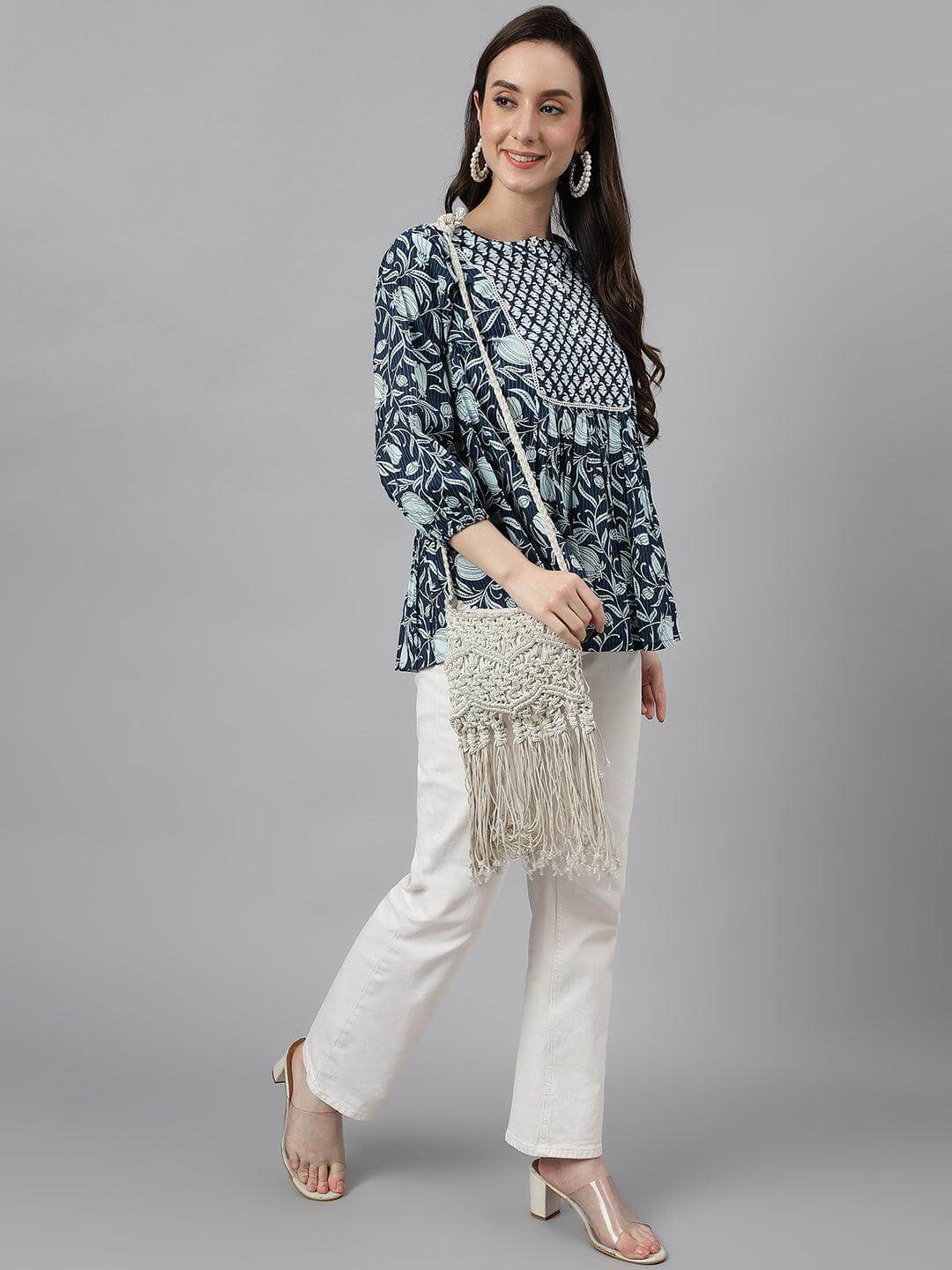 Silae Women's Navy Blue Cotton Floral Print Gathered Top Silae
