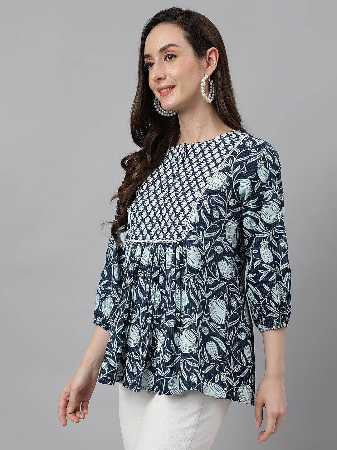 Silae Women's Navy Blue Cotton Floral Print Gathered Top Silae