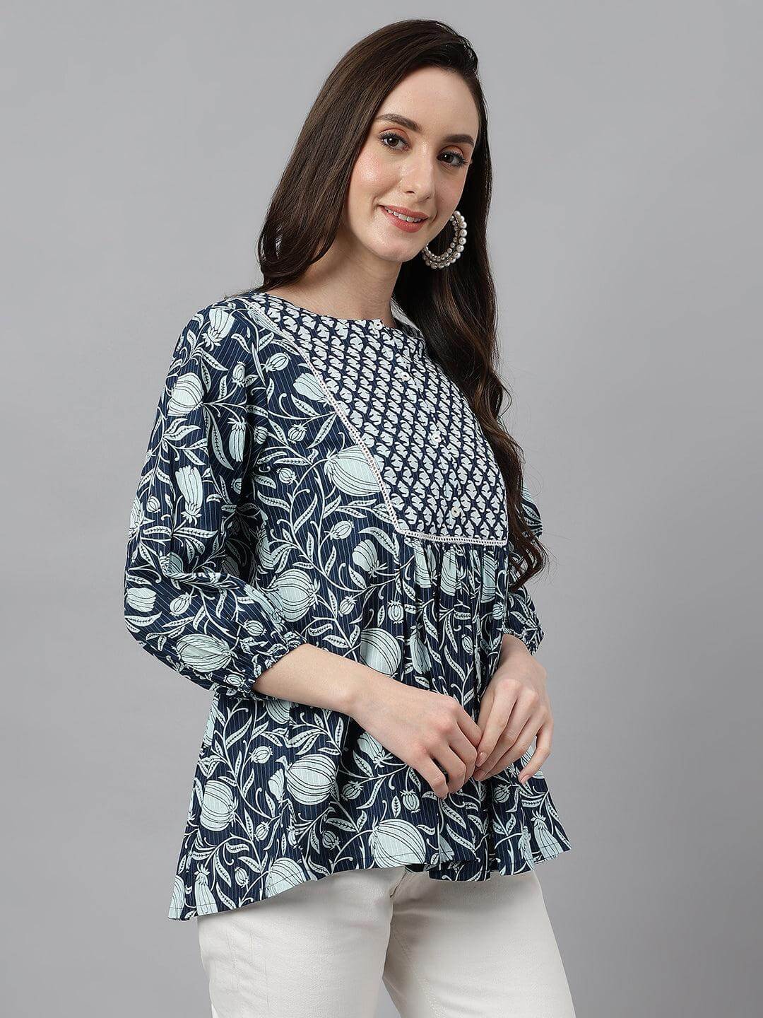 Silae Women's Navy Blue Cotton Floral Print Gathered Top Silae