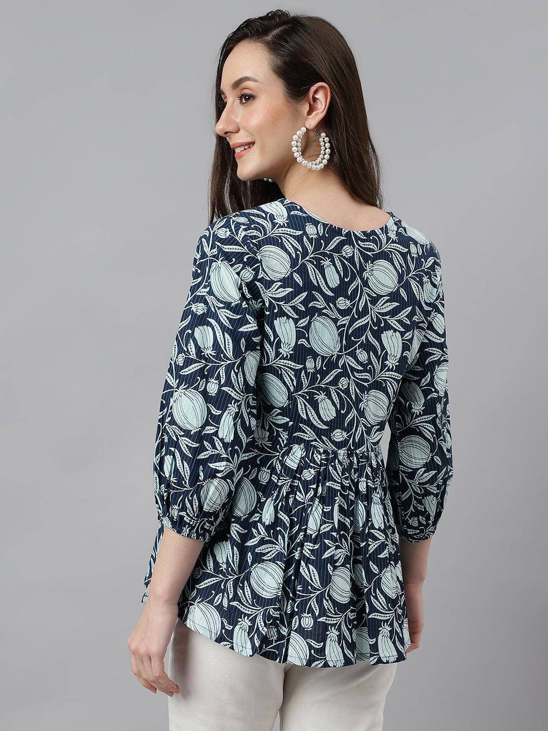 Silae Women's Navy Blue Cotton Floral Print Gathered Top Silae