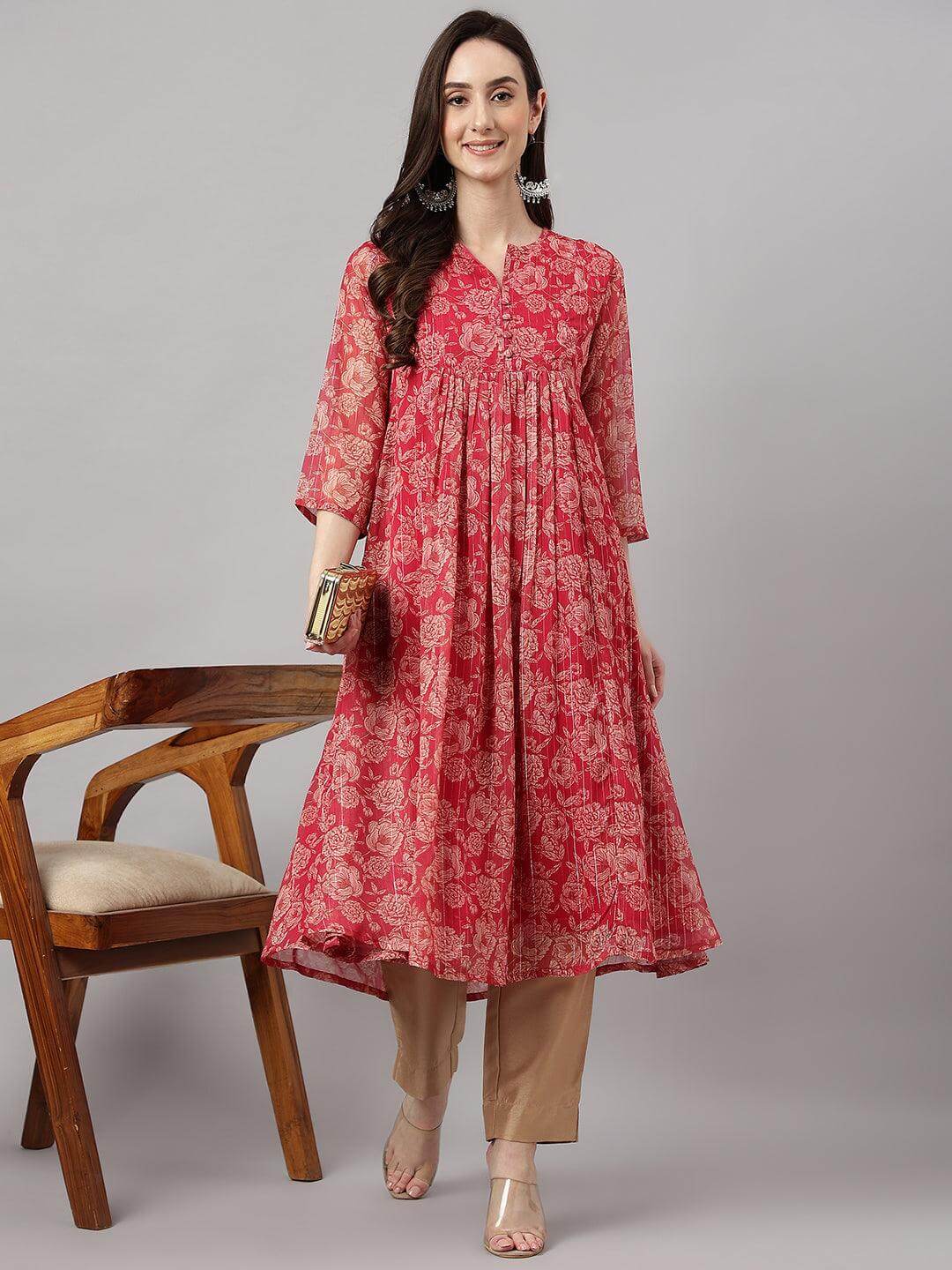 Women's Dark Pink Chiffon Lurex Floral Printed Flared Kurta Silae