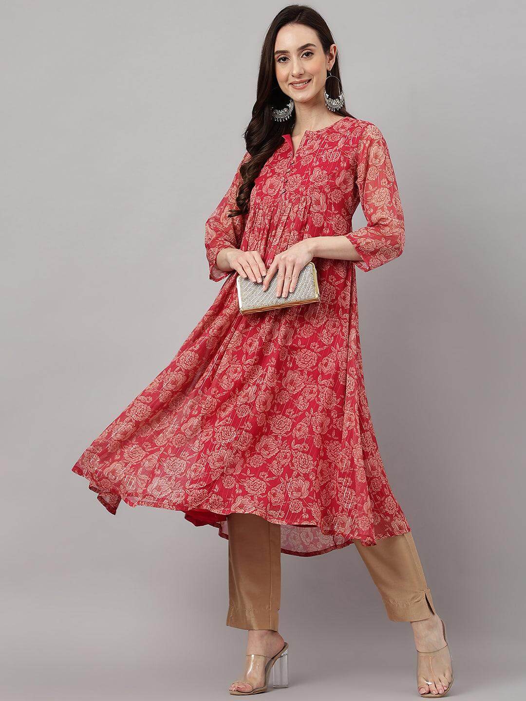 Women's Dark Pink Chiffon Lurex Floral Printed Flared Kurta Silae