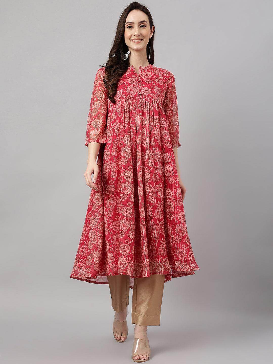 Women's Dark Pink Chiffon Lurex Floral Printed Flared Kurta Silae
