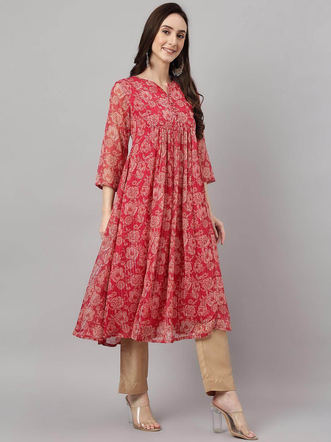 Women's Dark Pink Chiffon Lurex Floral Printed Flared Kurta Silae