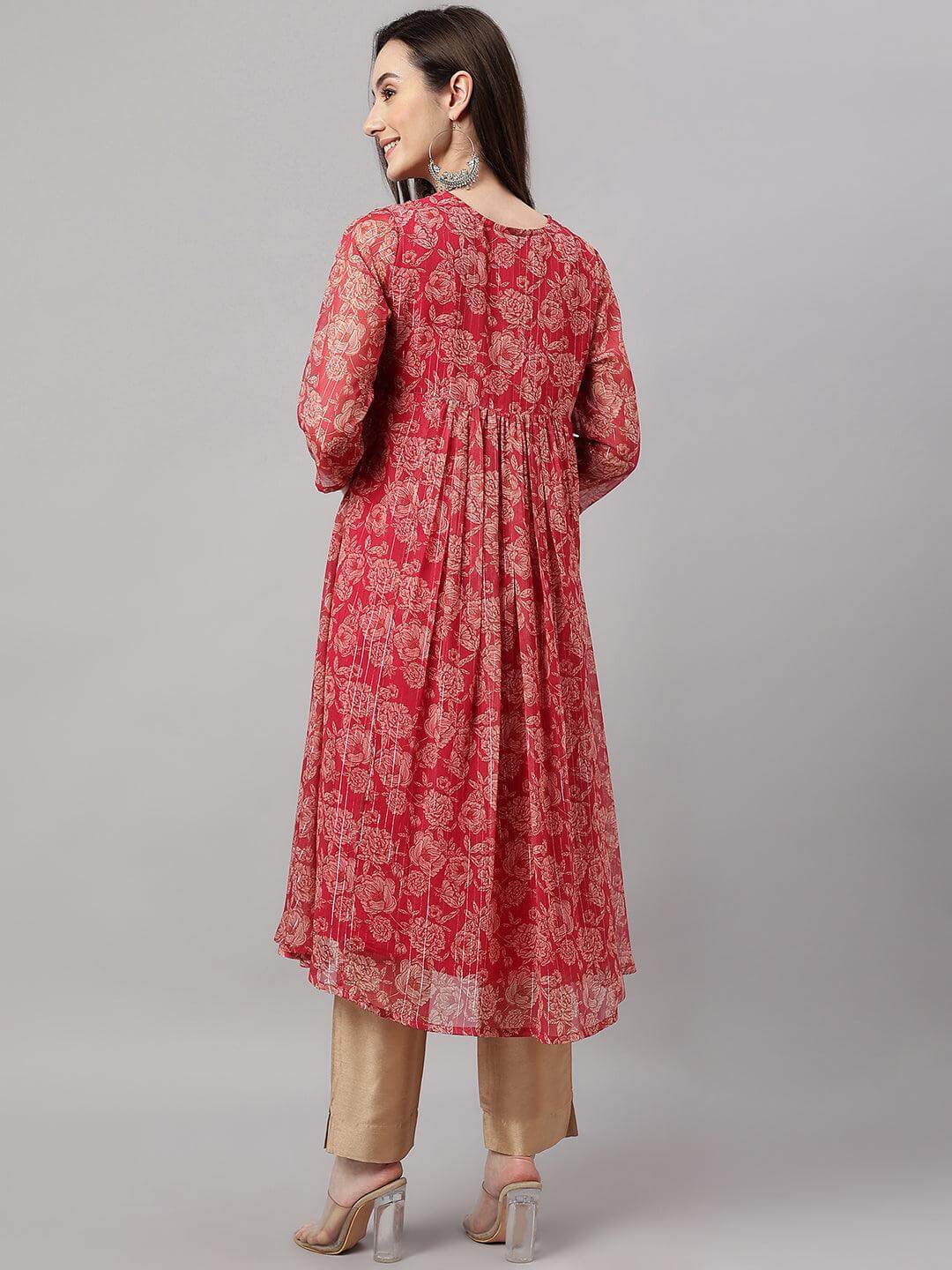 Women's Dark Pink Chiffon Lurex Floral Printed Flared Kurta Silae