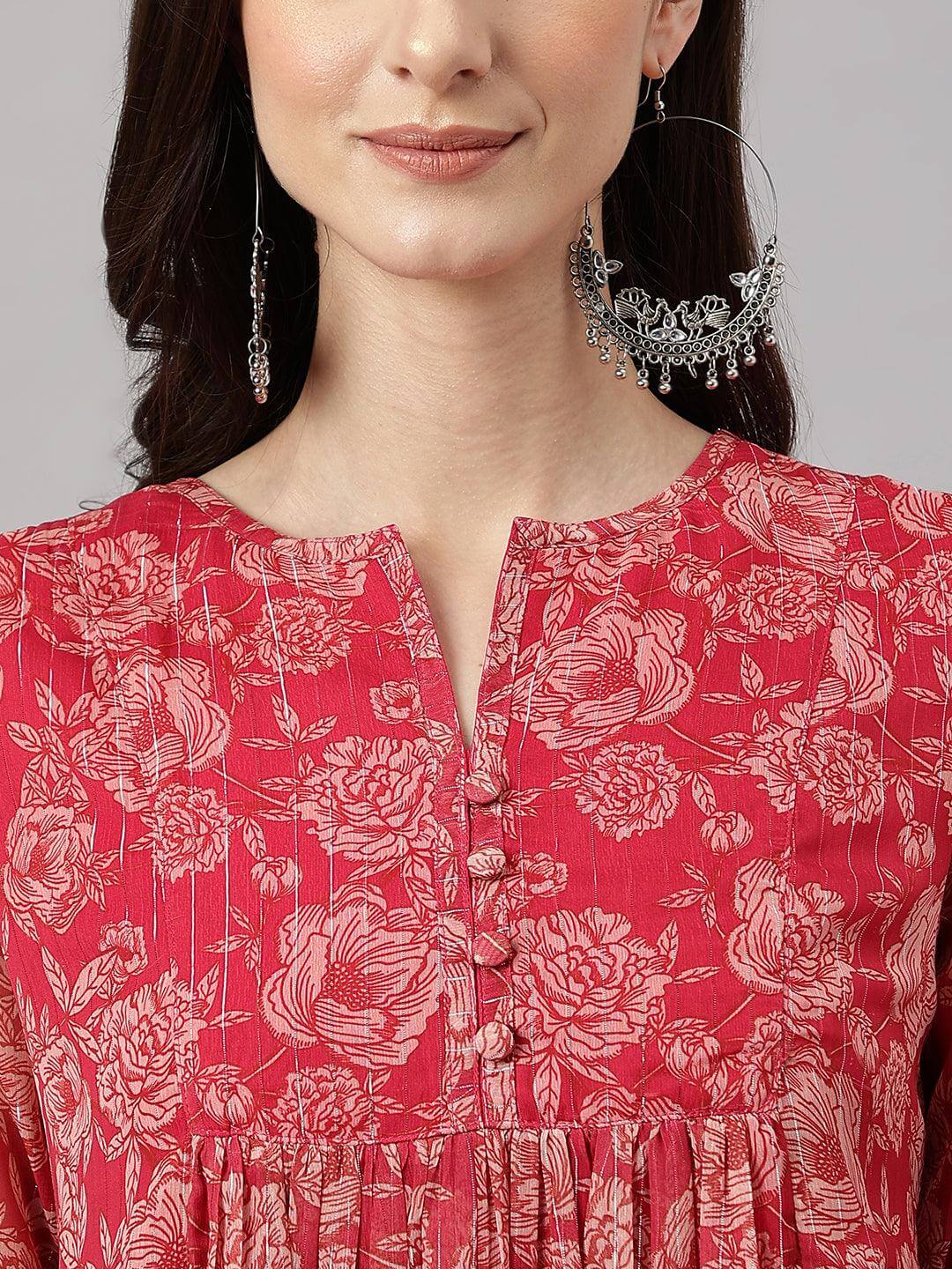 Women's Dark Pink Chiffon Lurex Floral Printed Flared Kurta Silae