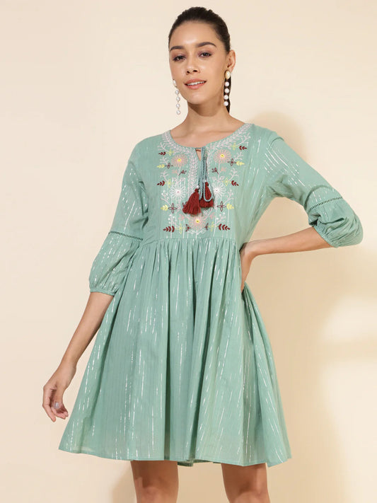 Green Cotton Yoke Embroidery Gathered Dress Silae