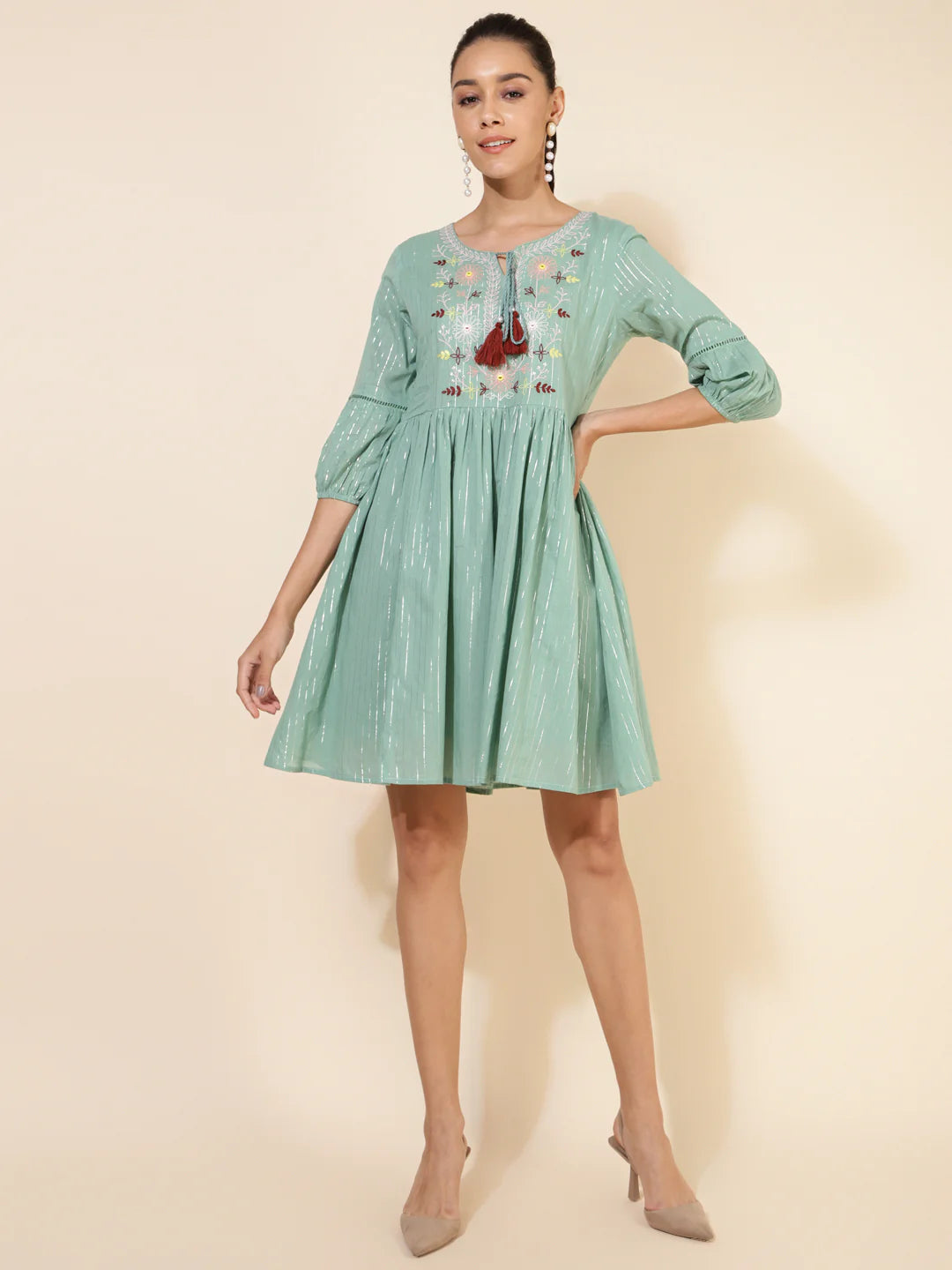 Green Cotton Yoke Embroidery Gathered Dress
