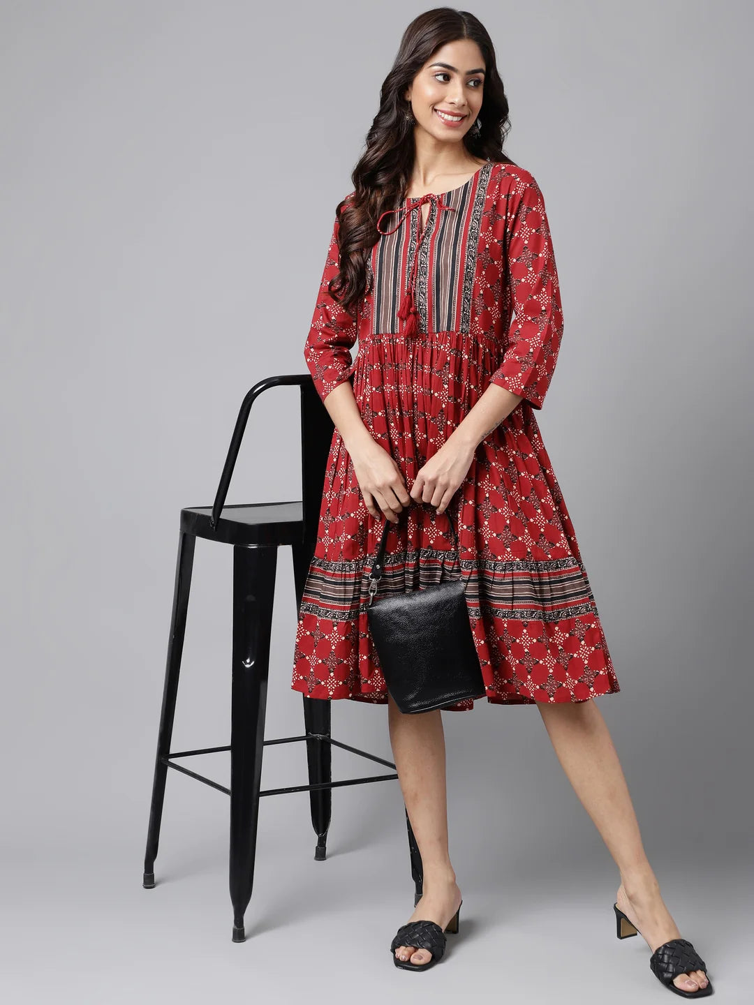 Maroon Cotton Ethnic Motifs Printed Flared Dress Silae