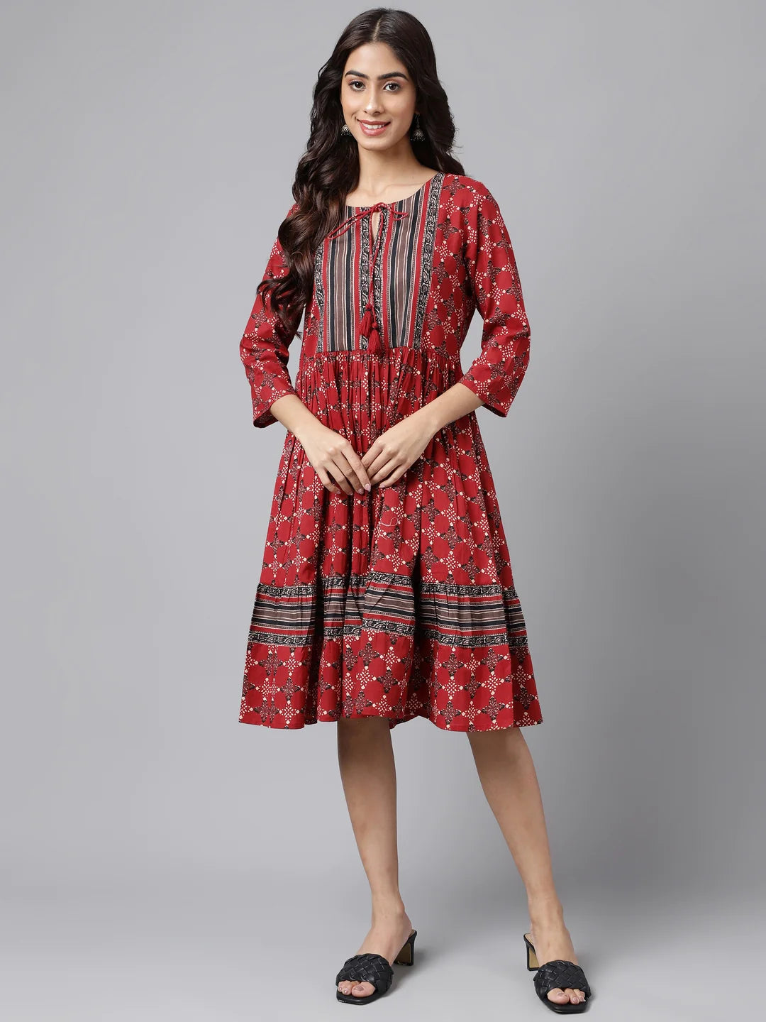 Maroon Cotton Ethnic Motifs Printed Flared Dress Silae