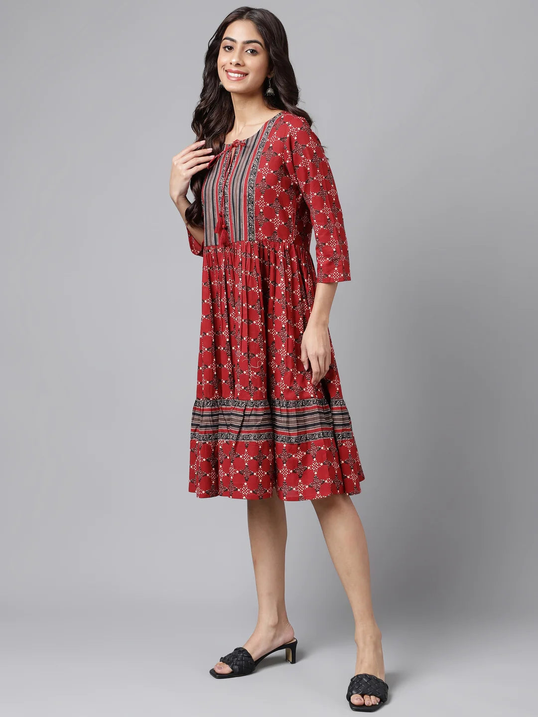 Maroon Cotton Ethnic Motifs Printed Flared Dress Silae