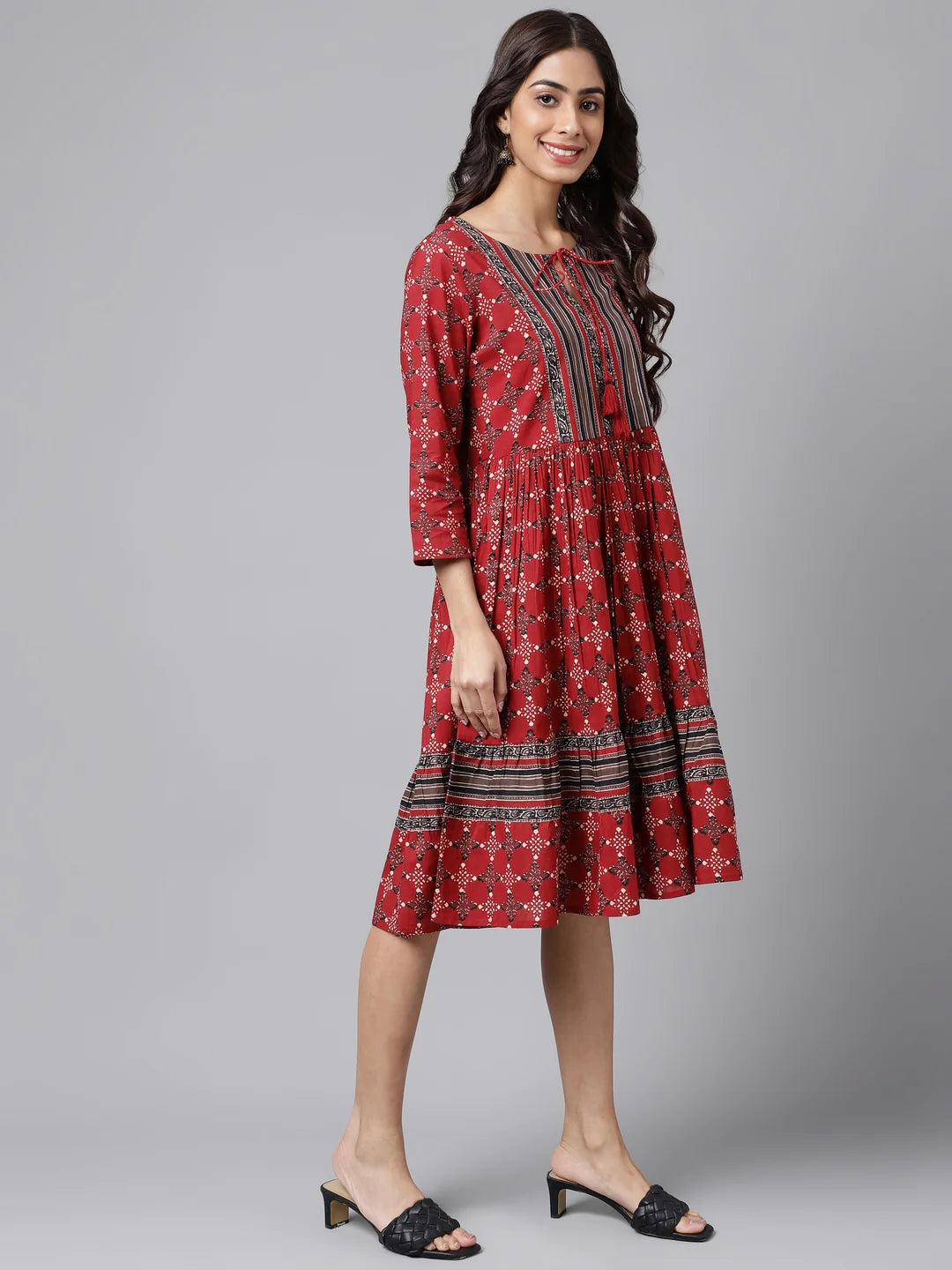 Maroon Cotton Ethnic Motifs Printed Flared Dress Silae