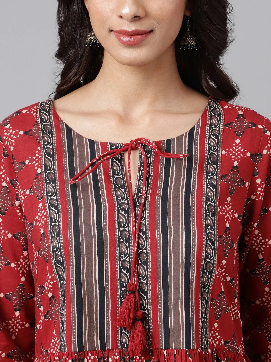 Maroon Cotton Ethnic Motifs Printed Flared Dress Silae