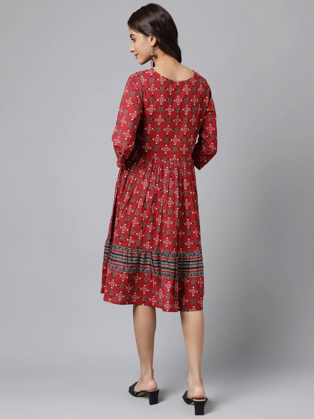 Maroon Cotton Ethnic Motifs Printed Flared Dress Silae
