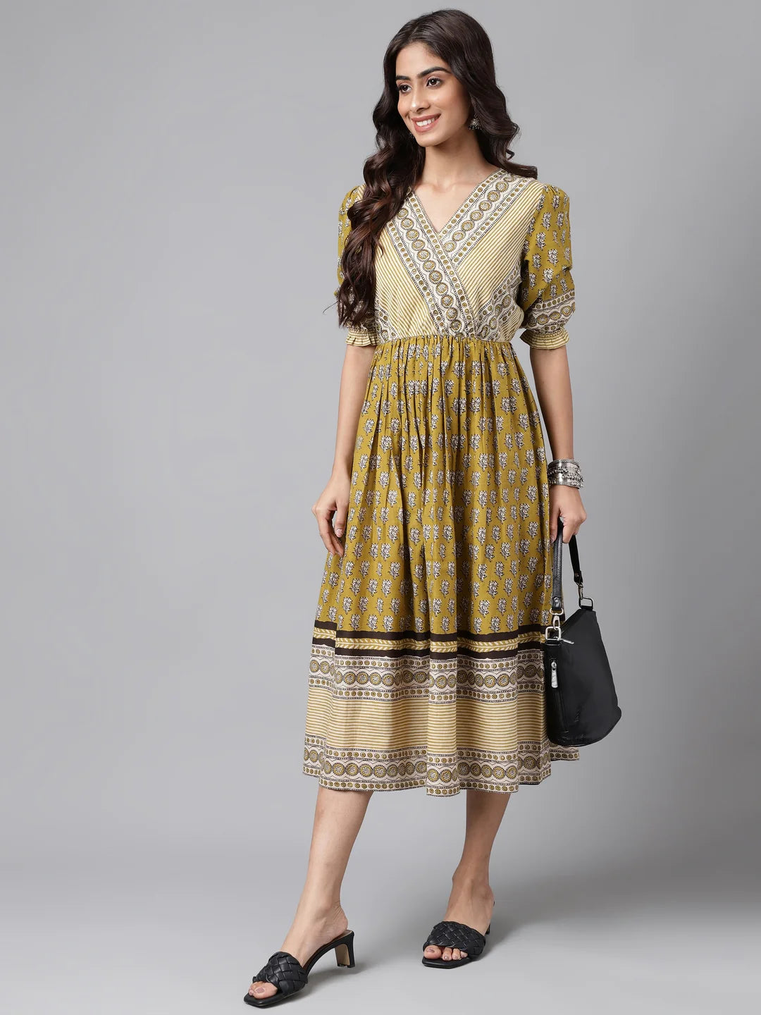 Olive Green Cotton Floral Printed Gathered Dress Silae