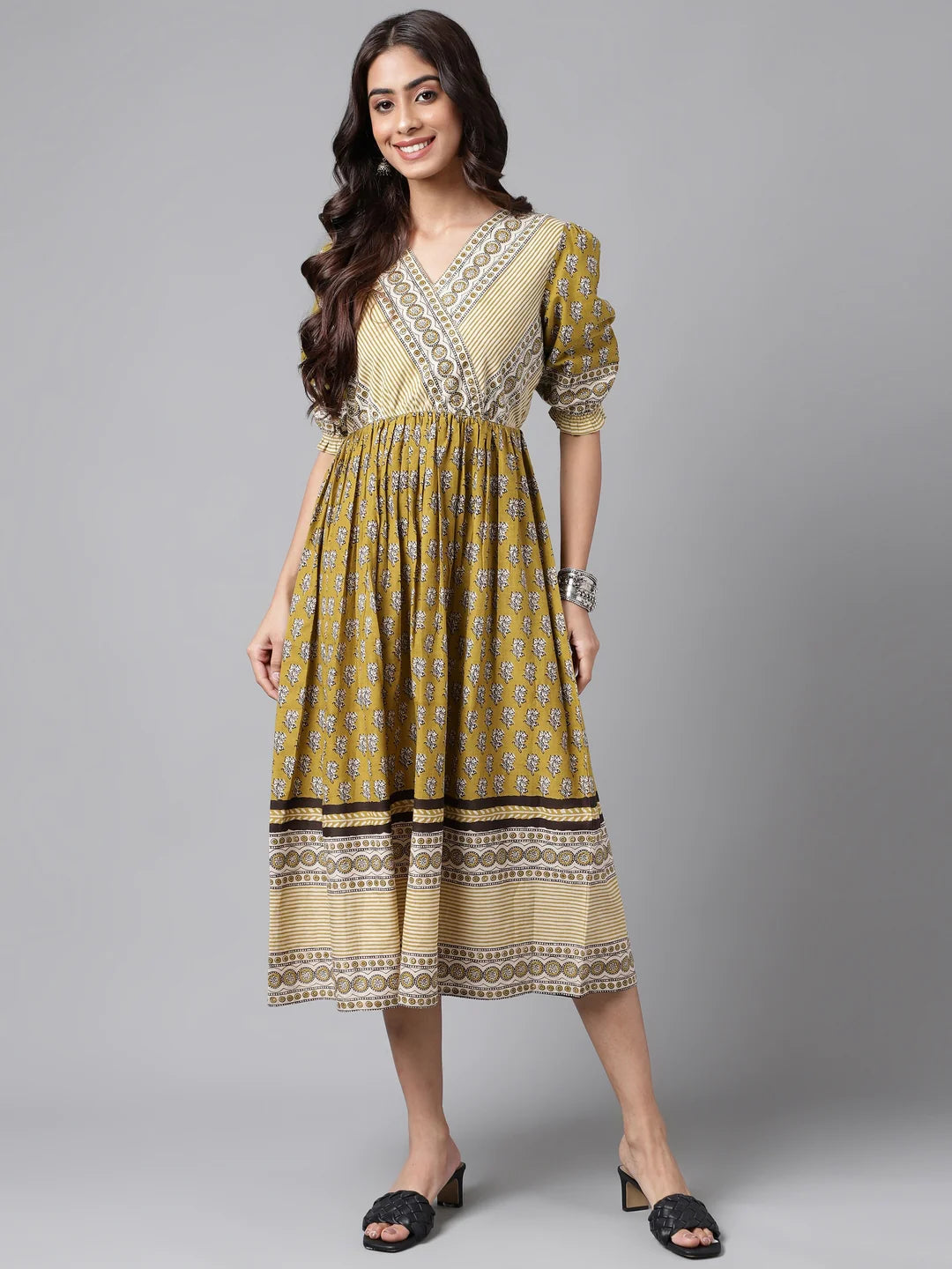Olive Green Cotton Floral Printed Gathered Dress Silae