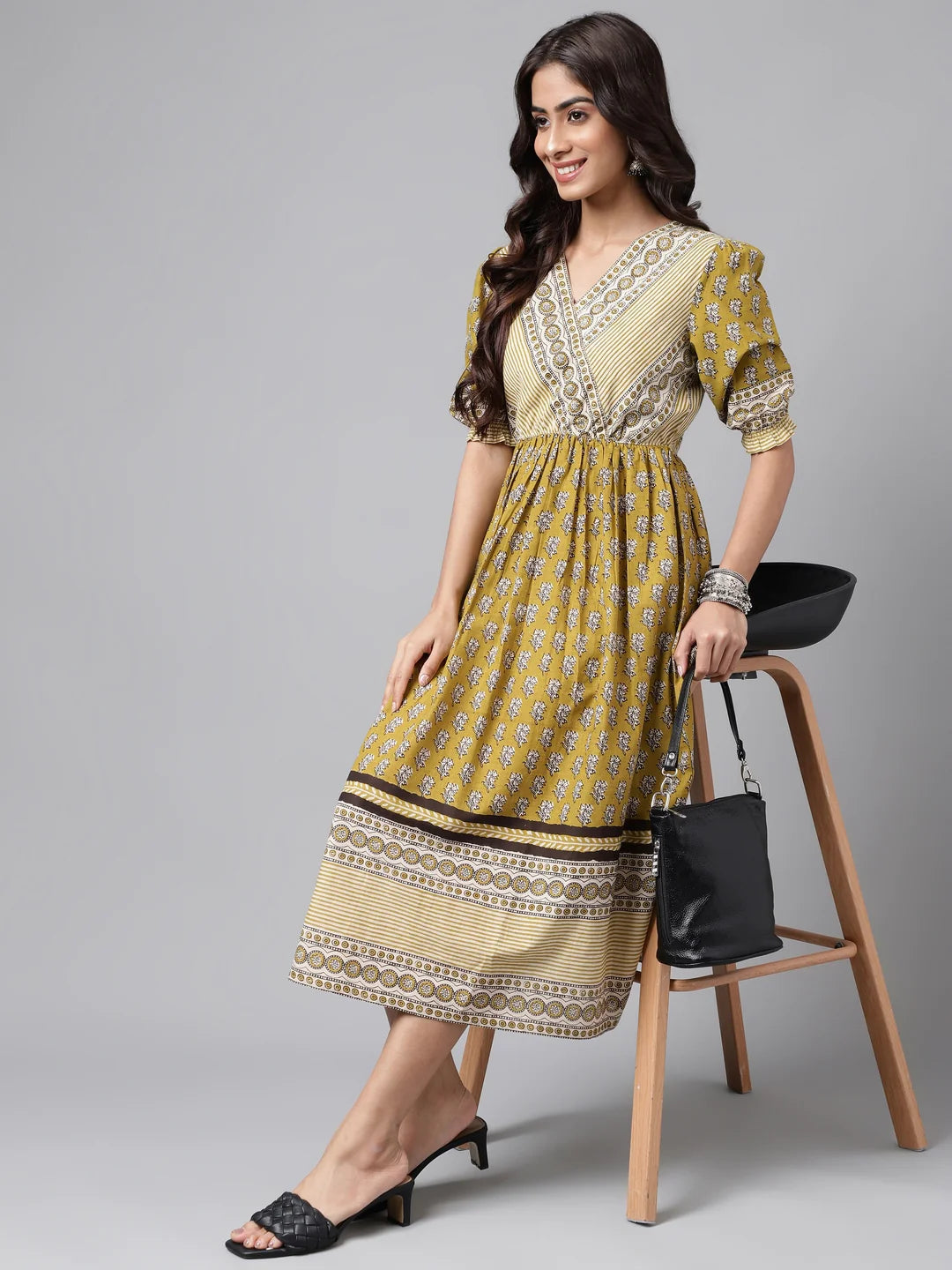 Olive Green Cotton Floral Printed Gathered Dress Silae