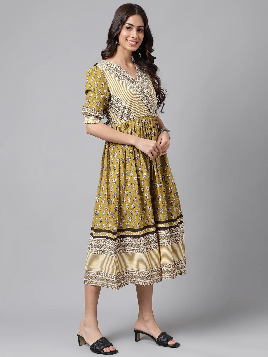 Olive Green Cotton Floral Printed Gathered Dress Silae