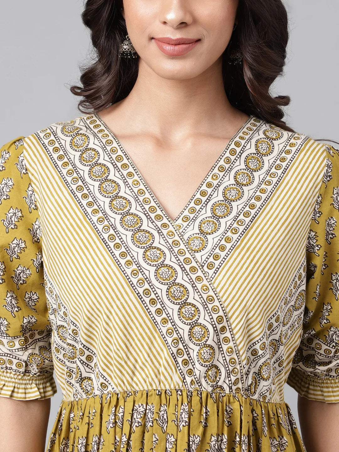 Olive Green Cotton Floral Printed Gathered Dress Silae