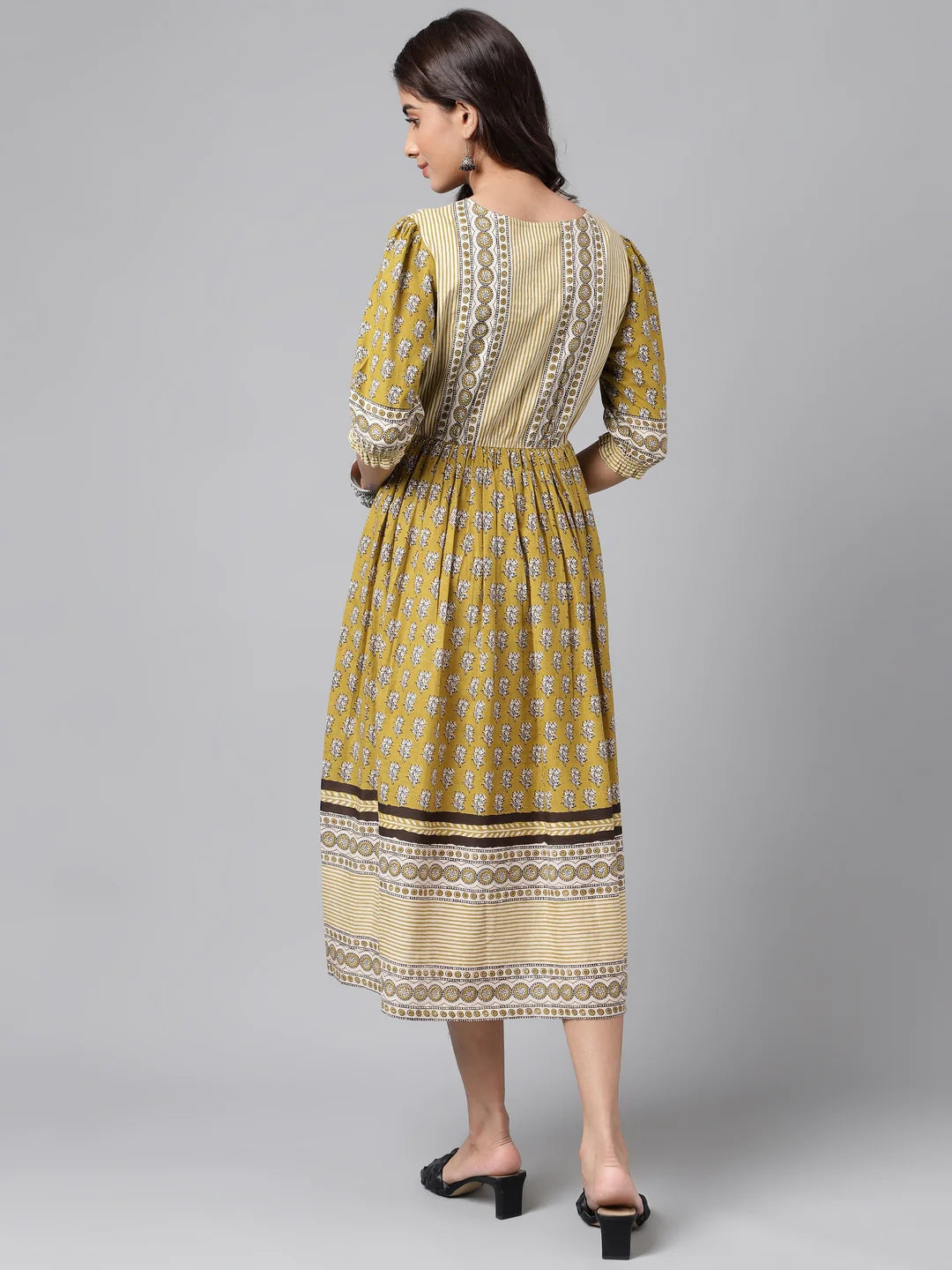 Olive Green Cotton Floral Printed Gathered Dress Silae