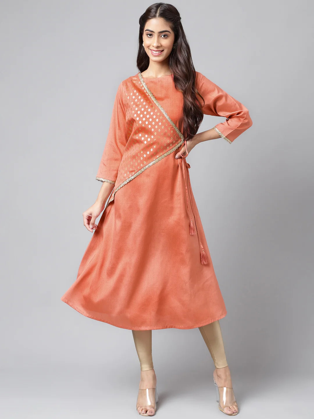 Peach Crepe Silk Embellished A-Line Kurta