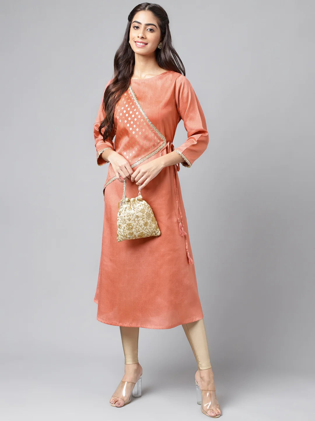 Peach Crepe Silk Embellished A-Line Kurta