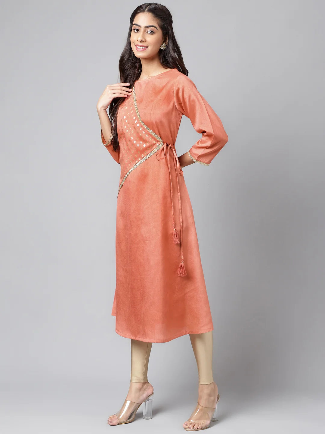 Peach Crepe Silk Embellished A-Line Kurta