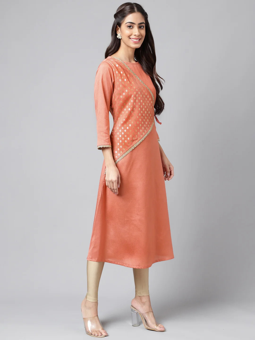 Peach Crepe Silk Embellished A-Line Kurta