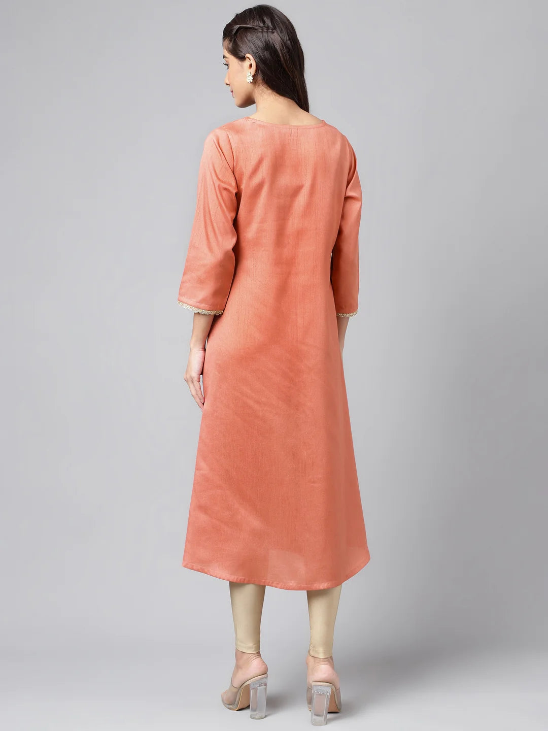 Peach Crepe Silk Embellished A-Line Kurta