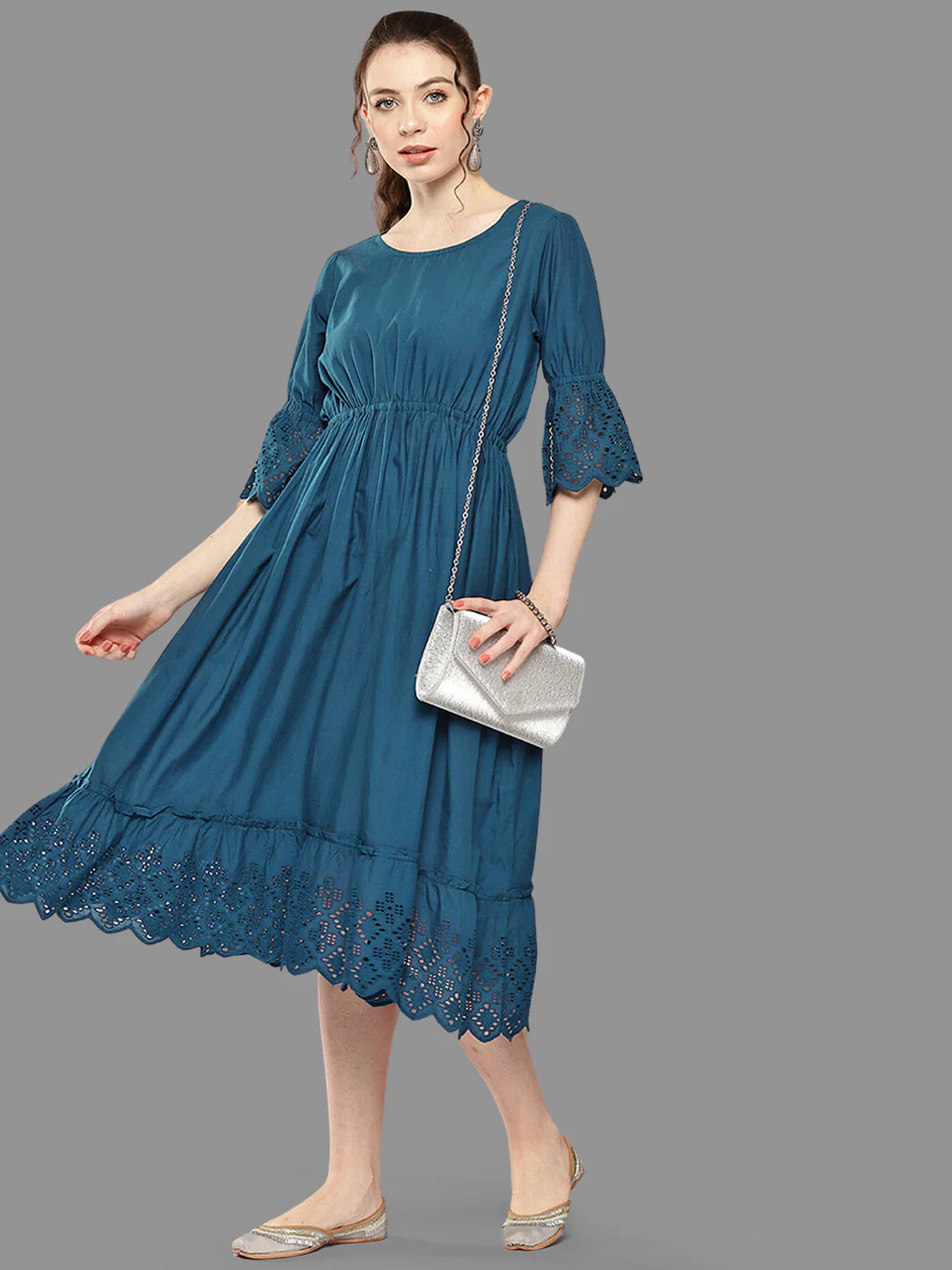 Teal Cotton Schiffli Flared Dress
