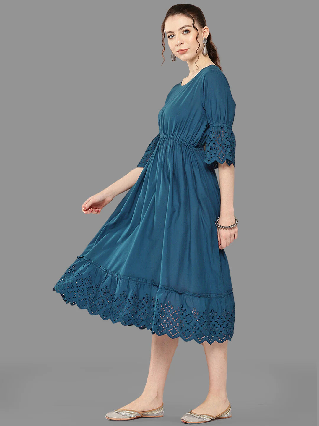 Teal Cotton Schiffli Flared Dress