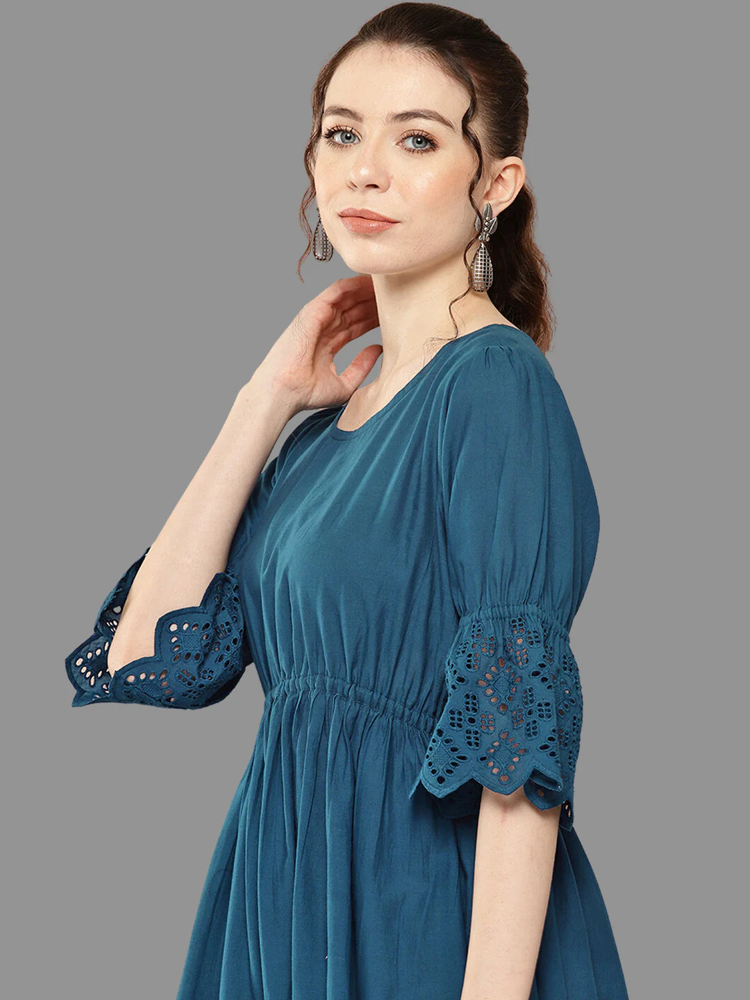 Teal Cotton Schiffli Flared Dress